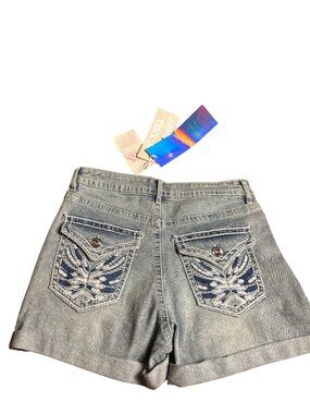 Distressed Denim Shorts Embroidered Back Pockets Love Wish Jeans 5 Light Wash
